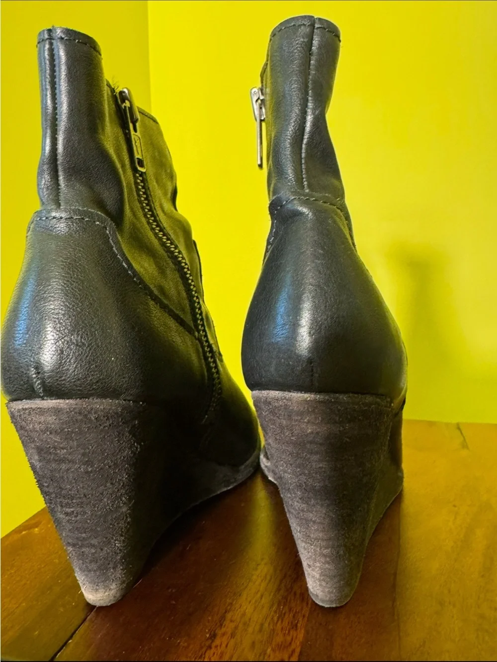Frye Black Leather Wedge Ankle Boots